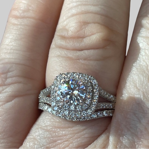 Wedding Set with Sapphire in heavy Pave on this 1ct Engagement Sterling! - Picture 7 of 16